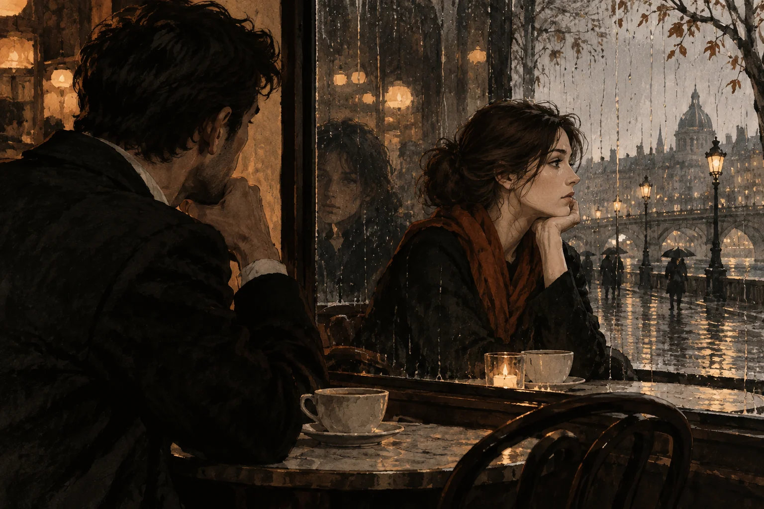 Two adults separated by a rain-streaked cafe window and its reflections.