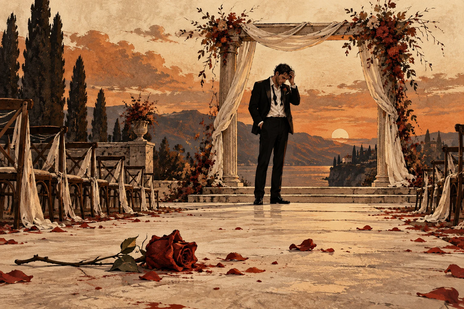 A bewildered groom stands alone at an empty wedding altar, with a fallen red rose in the aisle.