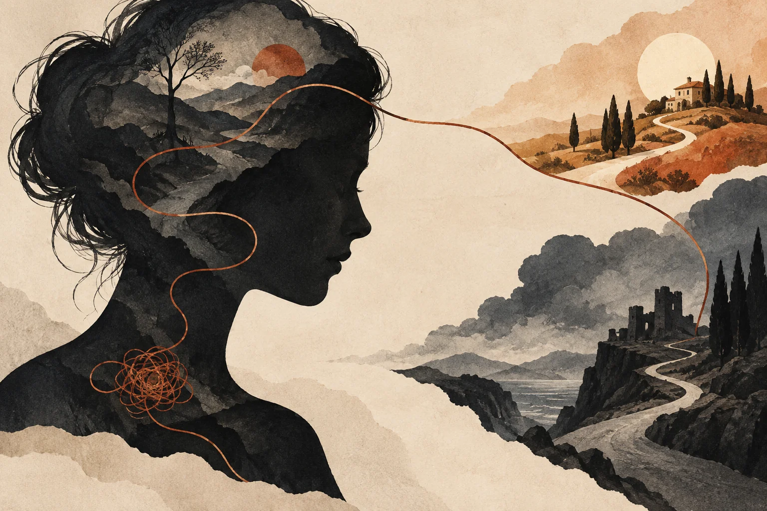 A human profile filled with a landscape, connected by a rust-colored thread to two distant paths.