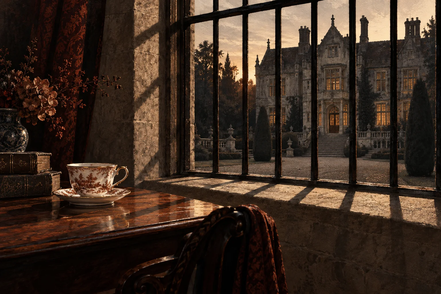 An ominous manor beyond iron bars, with a porcelain teacup in the shadowed foreground.