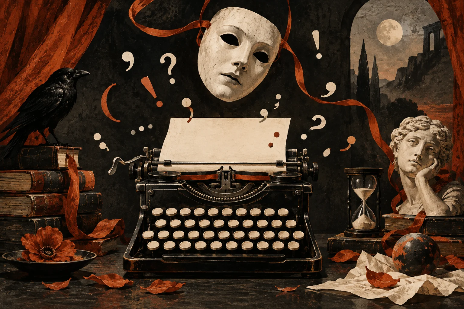 A typewriter beneath a floating theatrical mask, surrounded by loose punctuation marks.
